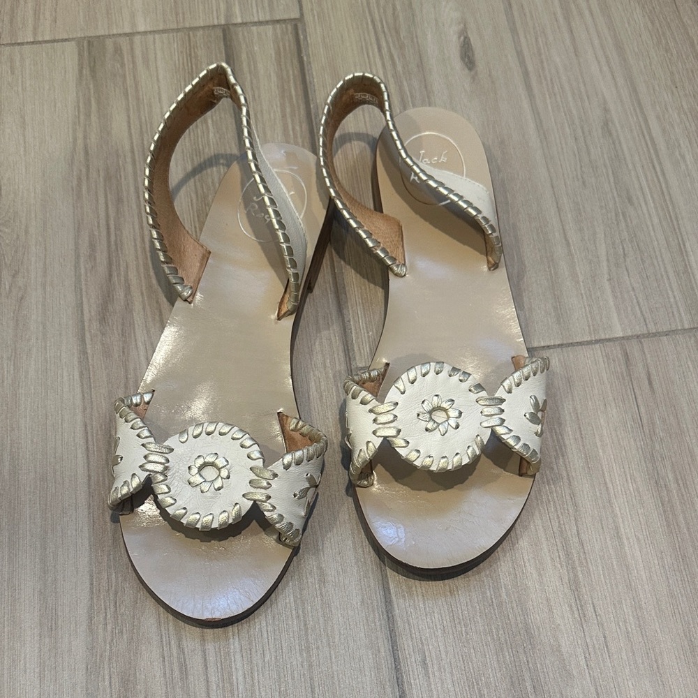 Jack Rogers Liliana Sandals Women's Sz 9 Gold & Beige Leather Flats Sling Back